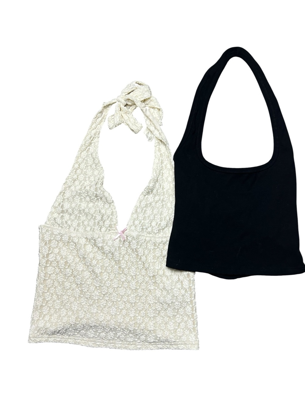 Edikted Halter Top Bundle White Lace & Black Ribbed Crop Tops Size S/M